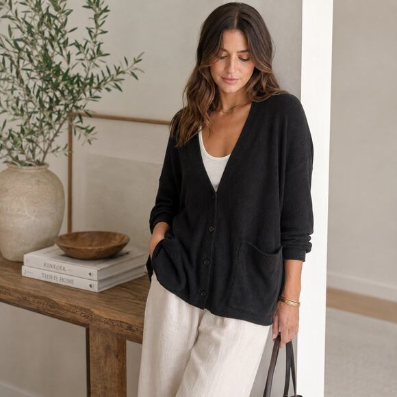 Eileen Fisher Jackets & Blazers - Eileen Fisher Organic Linen Cotton Blend Black Cardigan XL Oversized Open V-Neck